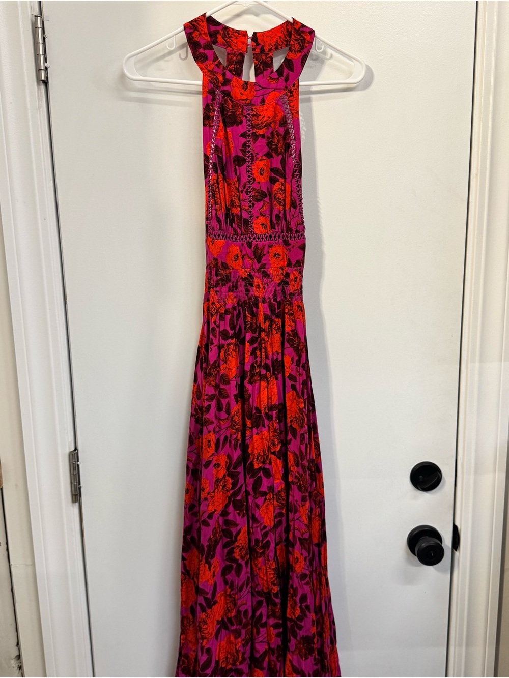 Abel the Label Smocked Halter Open Back Dress Pink and Red Floral Summer Flowy